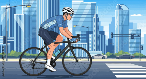 Cyclist on Urban Roadway, a Vibrant and Energetic Cityscape Illustration