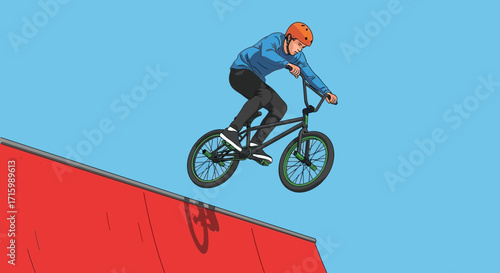 Daring bmx rider soaring high above ramp, executing acrobatic stunt