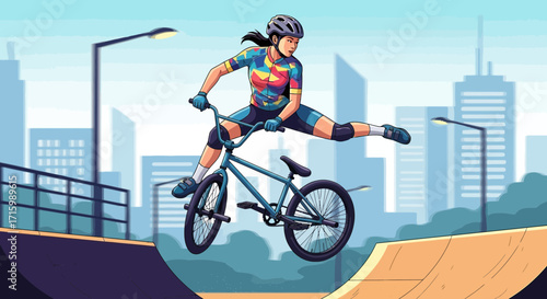Defying gravity with a daring bmx trick over urban landscape artwork