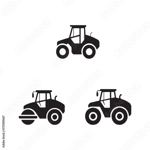 Road roller industrial construction vehicle solid icons set