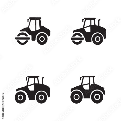 Road roller construction heavy machine solid icons pack