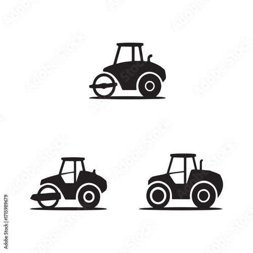 Road roller heavy compactor machinery solid icons collection