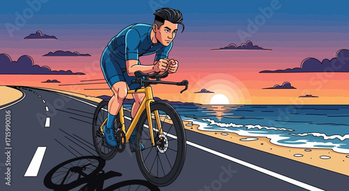 Dynamic cyclist pursuing fitness, riding scenic road against sunset seascape