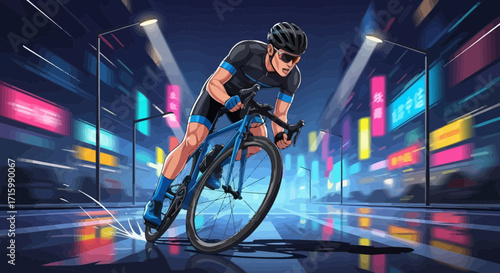 Dynamic cyclist sprinting through city lights at night for ultimate competition