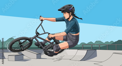 Dynamic female athlete showcasing freestyle BMX skills at local skatepark