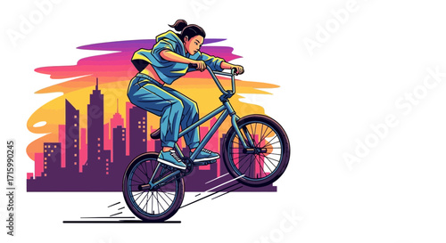 Dynamic urban scene featuring a young woman performing a BMX stunt