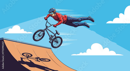 Extreme BMX Rider Performing Aerial Stunt on Ramp Under Cloudy Sky Cartoon