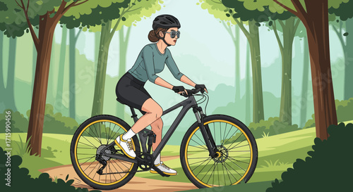 Female cyclist enjoying a serene ride through a lush, green forest trail