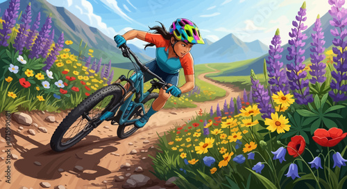 Female mountain biker riding a bike through a picturesque mountain landscape