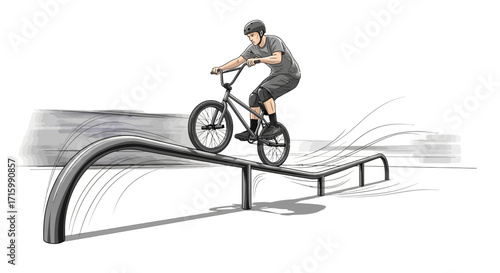 Illustration of a BMX rider performing a grind trick on a rail