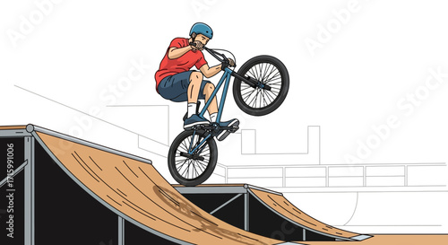 Illustrative BMX Athlete Performing Stunt on Skate Park Ramp Mid-Air