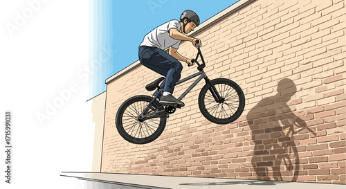 Illustrative BMX rider mid-air trick against brick wall under blue sky