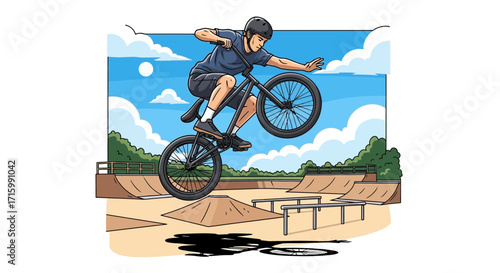 Illustrative BMX Rider Performing Aerial Tricks in a Skatepark Setting