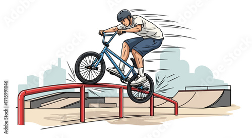 Illustrative BMX rider performing a trick on a rail in a skatepark scene
