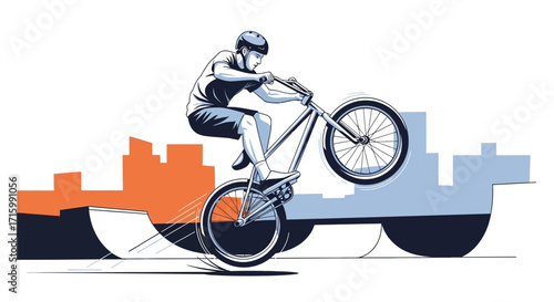 Illustrative BMX Rider Performing a Wheelie on a Skatepark Setup Art