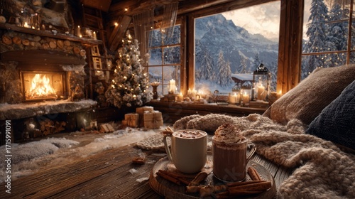 Cozy winter cabin with hot cocoa and snowy mountain view