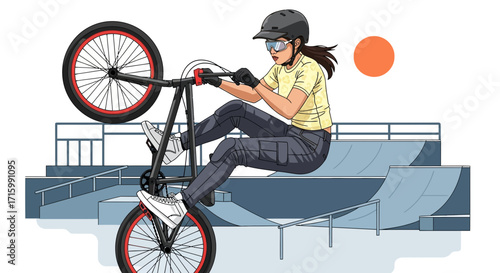 Illustrative depiction of a woman showcasing freestyle bike techniques in the skatepark