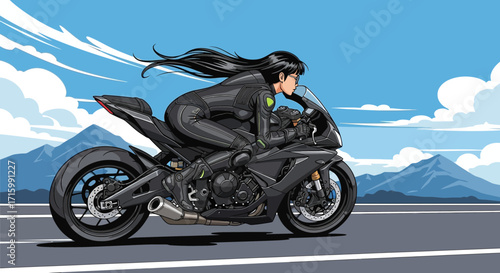 Motorcycle rider exploring open road with scenic backdrop illustration