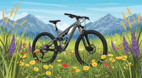 Mountain bike adventure in a wild meadow with scenic mountain backdrop