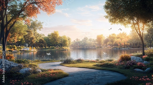 Serene Pond with Stepping Stones and Gazebo in Misty Forest