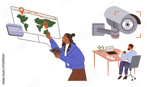 Professional monitoring operator analyzing location data on a map, a surveillance camera watching, and a worker in an office. Ideal for security, technology, tracking, monitoring, surveillance