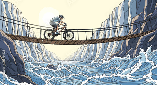 Mountain Biker Crossing a Suspension Bridge Over a Raging River Illustration