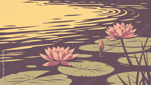 Tranquil Water Lilies and Lily Pads Reflecting Golden Sunset Light in a Serene Pond Illustration