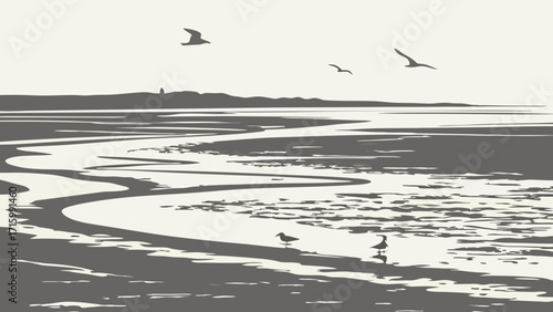 Monochromatic Tidal Estuary Landscape with Wading Birds and Gulls Flying Overhead in a Serene, Graphic Style