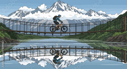 Mountain Biker Crossing Suspension Bridge with Majestic Mountain Backdrop