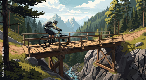 Mountain biker crossing wooden bridge on a scenic outdoor trail adventure