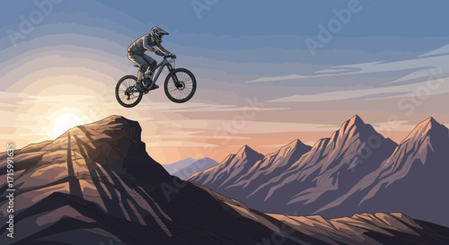 Mountain biker soaring over a ridge against a sunset landscape drawing
