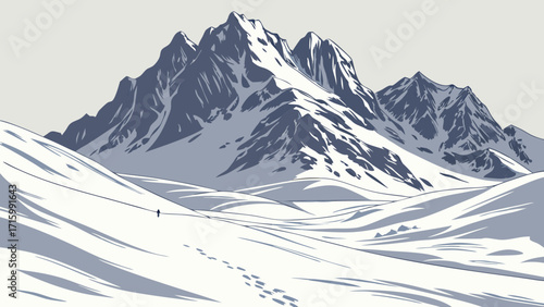 Lone Hiker in Vast Snowy Mountain Landscape with Footprints, Minimalist Winter Expedition Vector Illustration