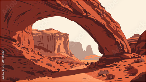 Stylized Desert Archway in Red Rock Canyon Landscape Vector Illustration