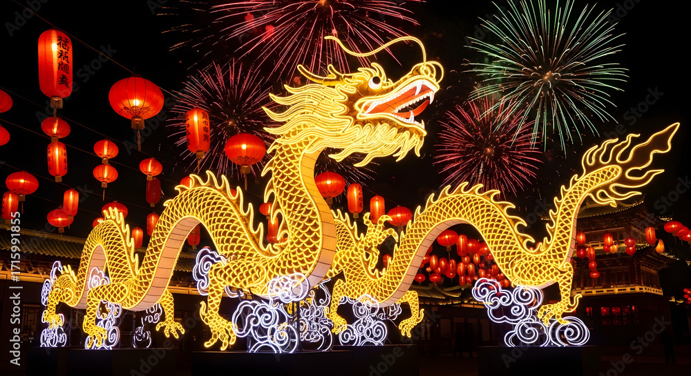 Fototapeta premium Golden Dragon Illuminated During Chinese New Year Celebration with Fireworks in the Night Sky