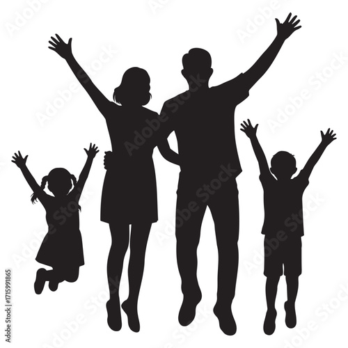 Family silhouette vector, husband wife with son daughter, parents children together joyful moments