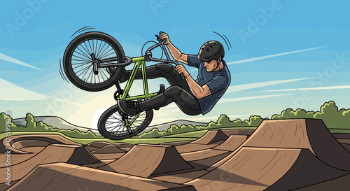 Stylized BMX Rider Performing a Trick on a Dirt Track Landscape