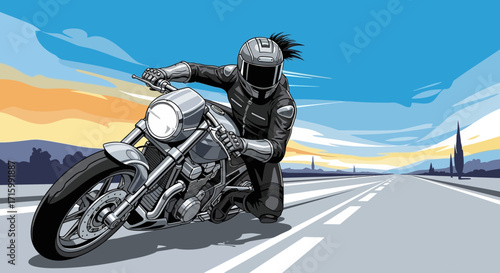 Stylized Motorcyclist Riding on Open Road with Vibrant Sky and distant Peaks