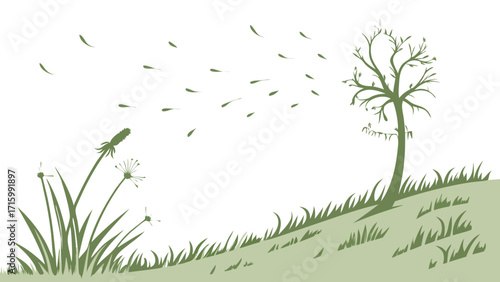 Windy Landscape Illustration with Dandelion Seeds Dispersing from Plants and Leaves Blowing from a Bare Tree on a Green Grassy Hillside