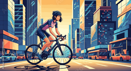 Urban cycling adventure, a female cyclist in the city with tall buildings