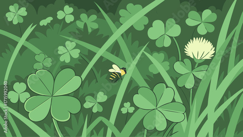 Busy Bee Flying Among Green Clover Leaves and Grass with White Flower - Stylized Nature Illustration