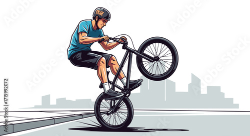 Urban cycling stunts vector illustration of a bmx rider performing wheelie