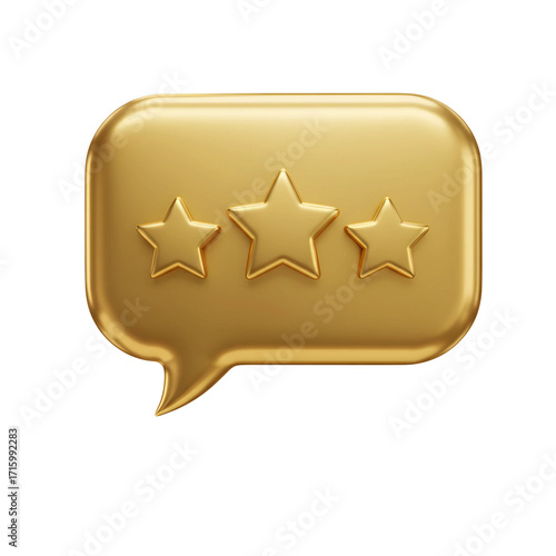 Golden speech bubble with three stars indicating a positive review or rating isolated on transparent background