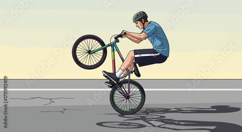 Wheelie wonder cartoon: An illustration of a BMX rider skillfully executing a daring wheelie