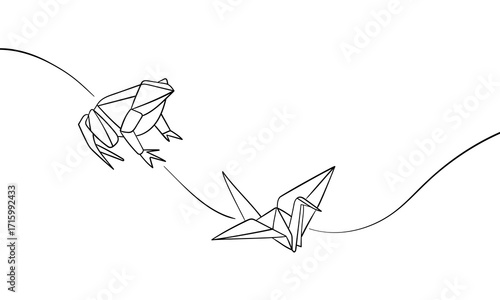 Continuous one line drawing of frog and origami crane. Japanese hobby. Vector illustration