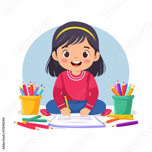 Cheerful little girl sitting cross-legged and coloring a picture with pencils. A representation of childhood creativity, learning, and artistic hobbies for kids