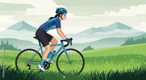 Woman cyclist rides bicycle through tranquil countryside illustration