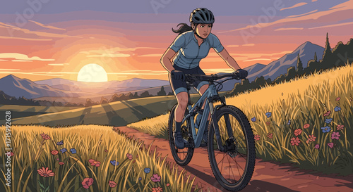 Woman mountain biking at sunset on a meadow trail, with colorful skies