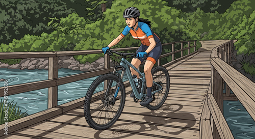 Woman mountain biking over a bridge in scenic natural environment