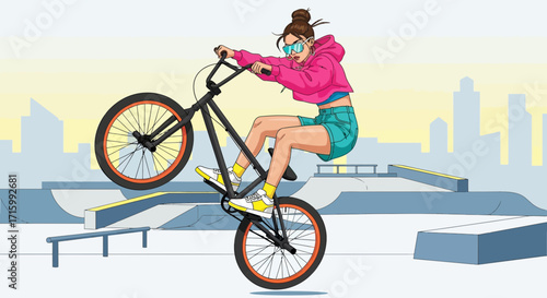 Woman Performing a BMX Bike Trick in a Skatepark with Urban Backdrop