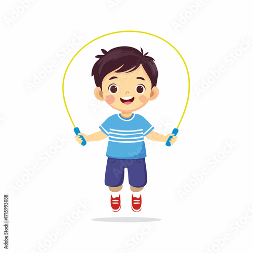 Cheerful little boy happily jumping with a skipping rope. An energetic kid enjoying a fun workout, vector flat illustration